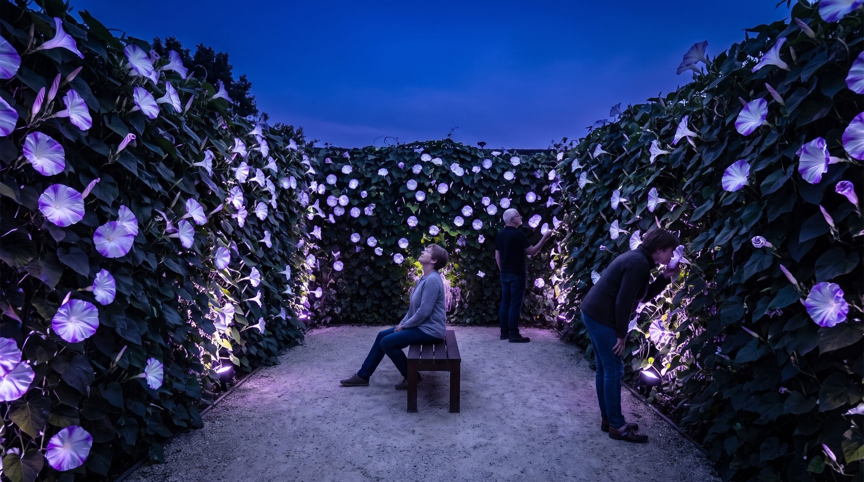 A walled garden room at night whose three walls are covered in glowing white moonflowers. One visitor sits on a low bench, one leans in to a flower, another stands at the wall.