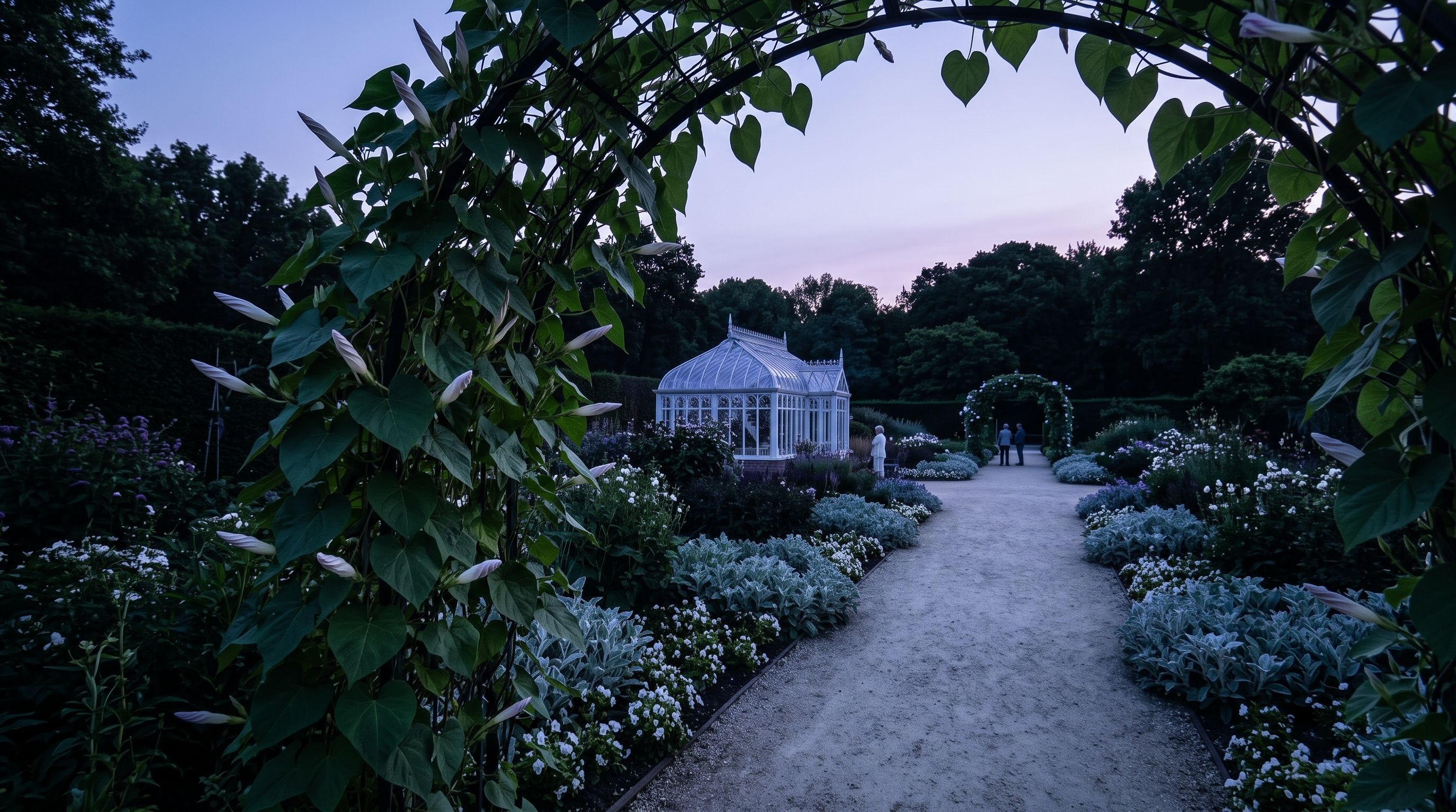 The garden path at dusk, moonflower buds still closed.