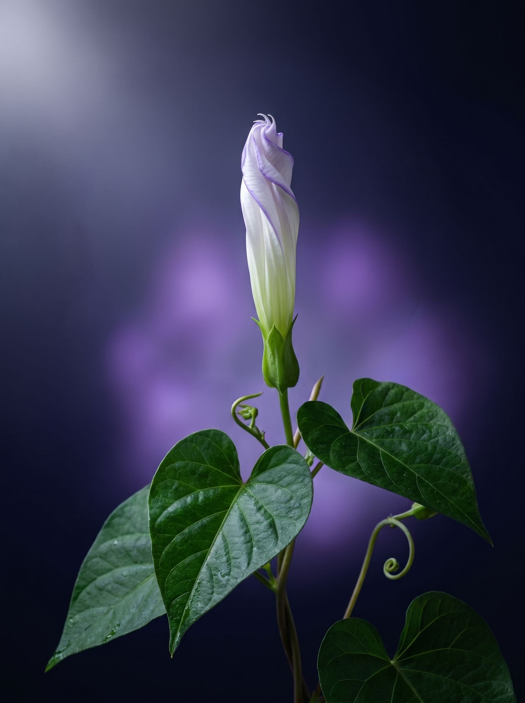 Moonflower bud, tightly furled in a white spiral above dark heart-shaped leaves.