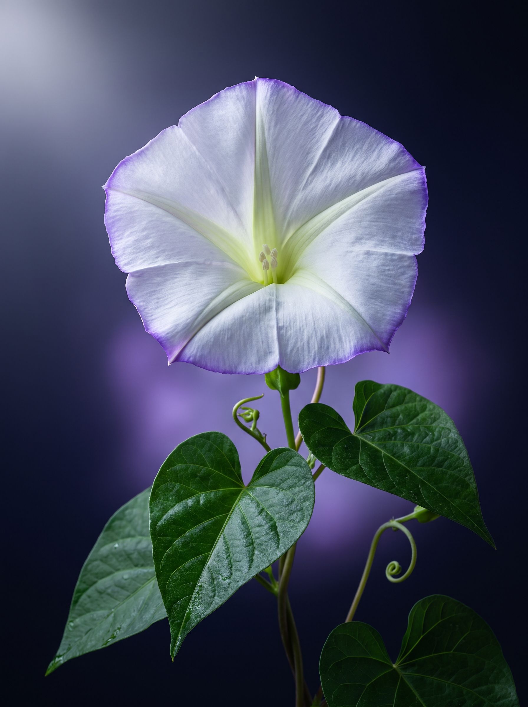 The same moonflower open: a wide white trumpet with lilac edges.