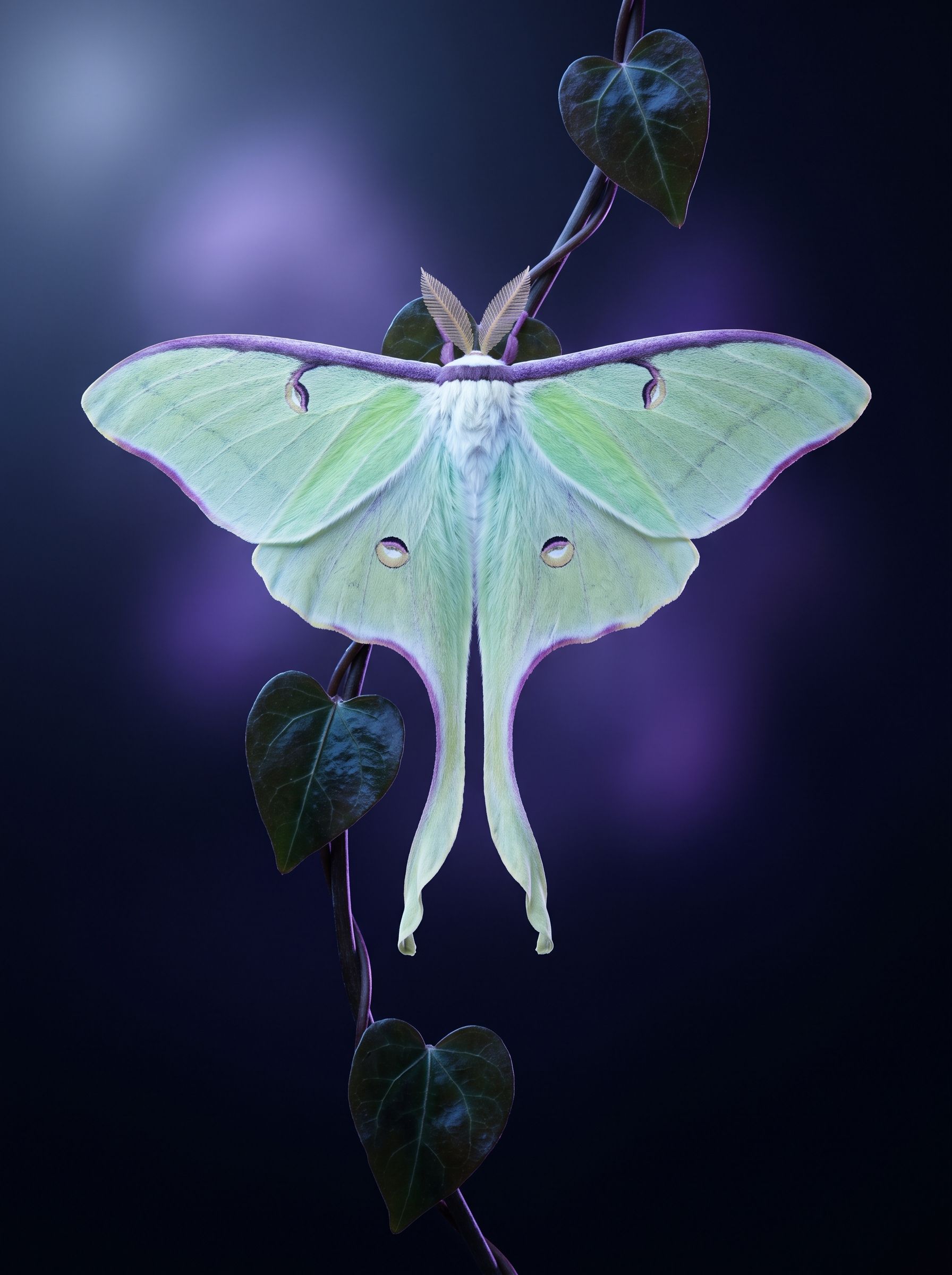 Luna moth, pale green, wings spread, with feathered antennae, an eyespot on each wing and two long curved tails.
