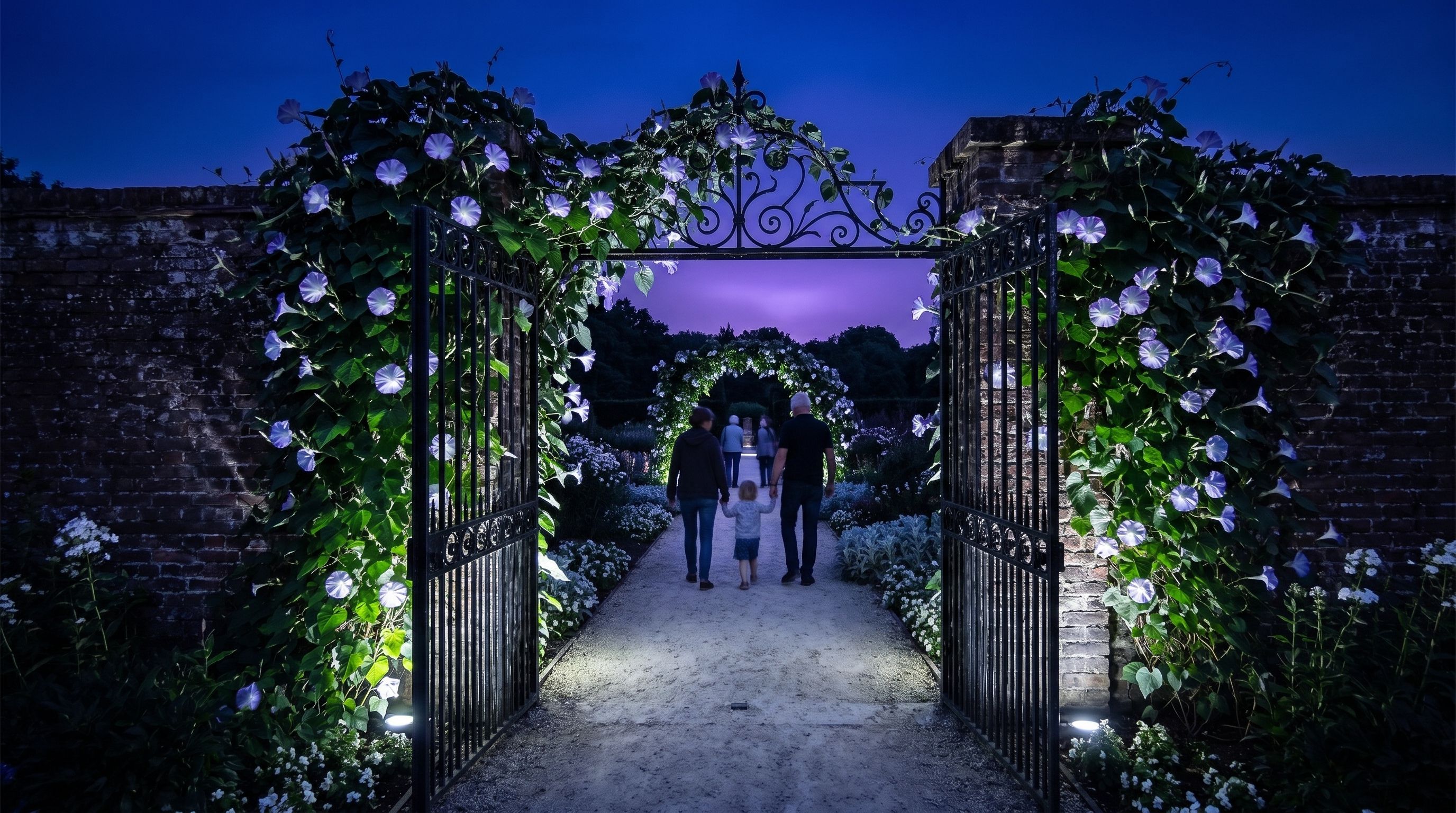 An open black iron gate in an old brick wall covered in white moonflowers. A couple and a parent holding a child's hand walk through onto a pale gravel path lit at foot level.