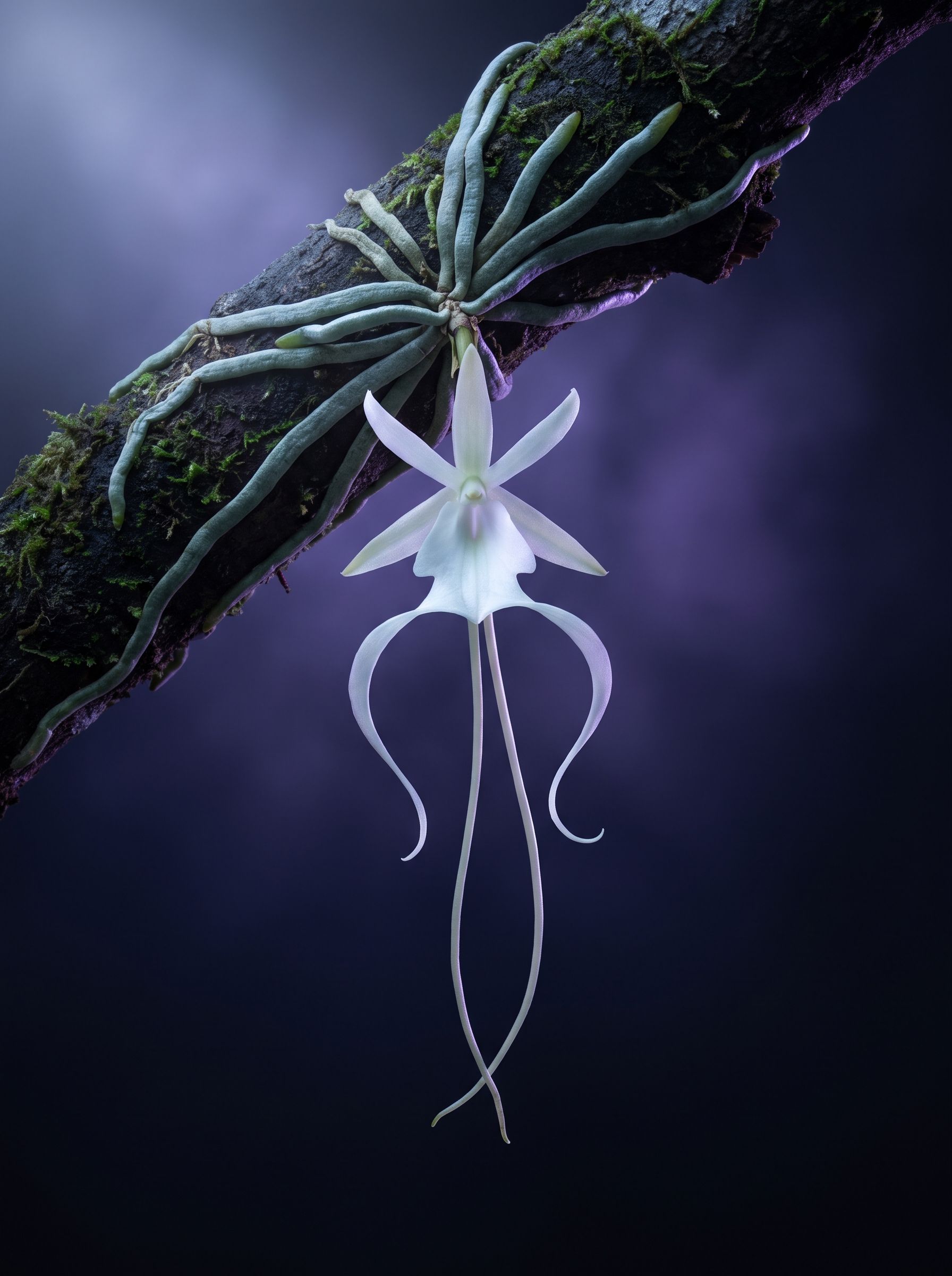 Ghost orchid: a white flower whose lip trails into two long, curling tails, clinging to bark by grey-green roots, with no leaves.