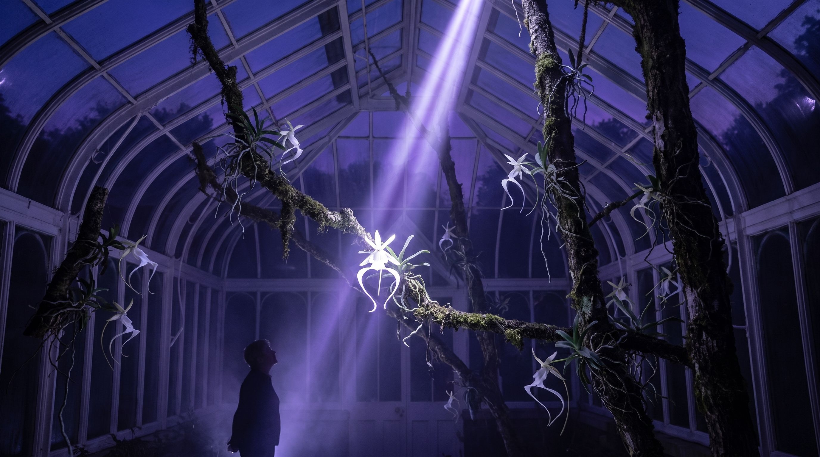 Inside a Victorian glasshouse at night: mossy branches hang through mist, carrying many white ghost orchids with long curling petals. A narrow beam of pale violet light falls on one orchid while a visitor looks up from the shadows.