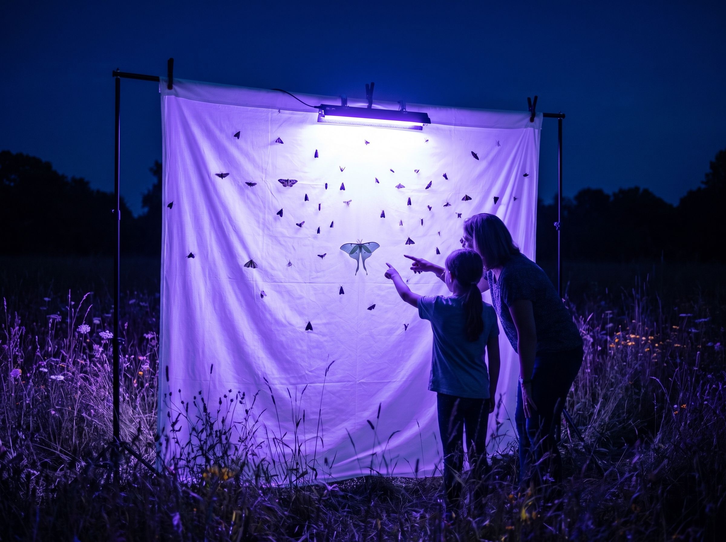 A white sheet stretched between two poles in a dark meadow, lit violet by a small ultraviolet lamp. Dozens of moths rest on it, including a pale green luna moth. A woman and a child stand close, the child pointing at the luna moth.